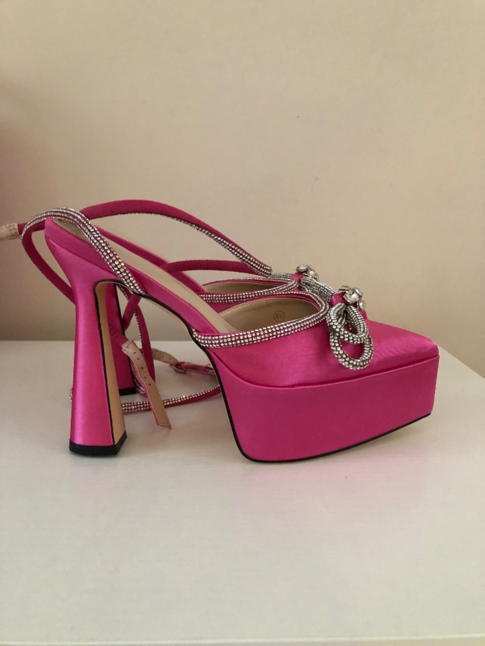 NEW Juliet Holy Pink Satin Crystal Double Bow Chunky Platform Pump Heels - Picture 11 of 14